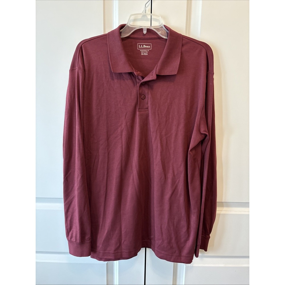 L.L.Bean Traditional Fit Mens Burgundy Long Sleeve Polo Shirt M Regular 300459